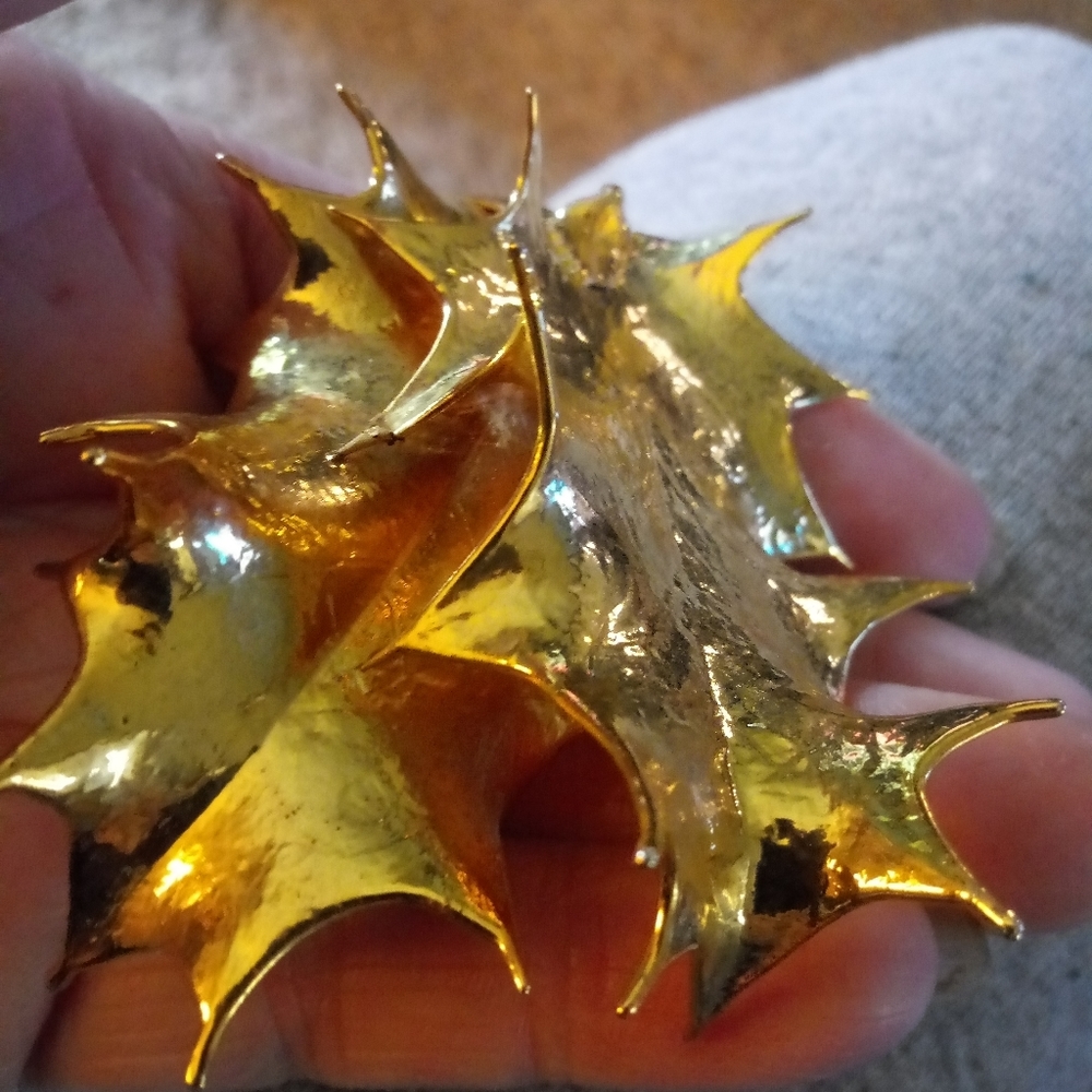 Double Fused Holly Leaves Dipped In 14k Yellow Go… - image 2